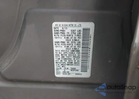 2010 Nissan Murano Sl из США, поврежденный, VIN JN8AZ1MW0AW133262